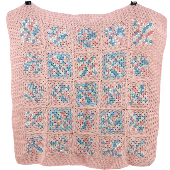 Handmade Crochet Baby Afghan Knitted Blanket Swaddle Lap Throw ~ White Blue Pink - Picture 3 of 9